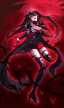 Rule 34 | 1girl, absurdres, black boots, black dress, black hair, boots, breasts, colored inner hair, dress, gloves, highres, honkai (series), honkai impact 3rd, hui night, incredibly absurdres, long hair, looking at viewer, medium breasts, multicolored hair, red background, red eyes, red gloves, red hair, seele (alter ego), seele vollerei, seele vollerei (starchasm nyx), solo, thighs, two-tone hair, very long hair
