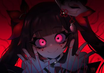 1girl absurdres bell black_choker black_hair choker commentary fox_mask highres honkai:_star_rail honkai_(series) jingle_bell long_hair mask mask_on_head mizah_(mizah) neck_bell pink_eyes portrait puppet_strings red_background solo sparkle_(honkai:_star_rail) twintails