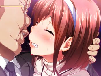 1boy 1girl after_kiss age_difference asaoka_genzo big_nose black_background black_jacket black_necktie blue_eyes blush brown_hair clenched_teeth closed_eyes collared_shirt embarrassed fat fat_man from_side game_cg glasses hair_between_eyes hairband hand_in_another&#039;s_hair hetero hinomoto_koharu jacket kedamono-tachi_no_sumu_ie_de lapels medium_hair necktie old old_man older_male_and_younger_female pin-point portrait raised_inner_eyebrows saliva saliva_trail shirt sidelocks simple_background suit_jacket sweat sweater takeda_hiromitsu tearing_up teeth thick_lips turtleneck turtleneck_sweater ugly_bastard white_hairband white_shirt worried wrinkled_skin