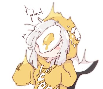 1girl ^^^ artist_self-insert blush_stickers cetacean_tail chonkyorca drawstring fins fish_tail food food_on_face fried_egg grey_hair hands_up highres hood hood_up hoodie long_sleeves orca_(chonkyorca) original puffy_long_sleeves puffy_sleeves simple_background sleeves_past_fingers sleeves_past_wrists solo surprised tail upper_body white_background yellow_hoodie