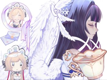 2girls ^_^ black_hair blush bonnet brown_hair closed_eyes closed_mouth colored_eyelashes columbina_(genshin_impact) commentary cup dress envelope fanfullao feathers genshin_impact hair_ornament hair_ribbon highres lipstick_mark long_hair multicolored_hair multiple_girls purple_hair ribbon sandrone_(genshin_impact) simple_background smile spoon teacup white_background white_dress white_ribbon wing_hair_ornament