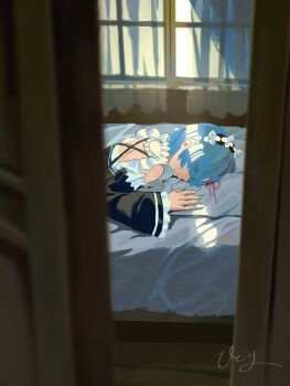 Rule 34 | 1girl, bed, blue hair, closed eyes, commentary, cover, door, english commentary, eyes visible through hair, hair ornament, highres, hit0li111, lying, maid headdress, pov, re:zero kara hajimeru isekai seikatsu, rem (re:zero), roswaal mansion maid uniform, short hair, signature, sleeping, solo, sunlight, window