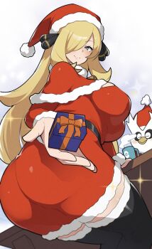 1girl ass blonde_hair breasts capelet closed_mouth commentary_request cynthia_(pokemon) delibird dress fur-trimmed_capelet fur-trimmed_dress fur_collar fur_trim gen_2_pokemon gift grey_eyes hair_ornament hair_over_one_eye hat holding holding_gift large_breasts long_hair long_sleeves mituyota_76 nintendo pokemon pokemon_(creature) pokemon_dppt red_dress santa_costume santa_dress santa_hat smile solo_focus very_long_hair