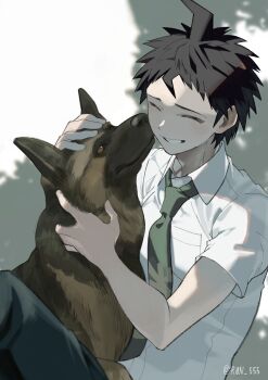 1boy absurdres ahoge alternate_hair_color animal artist_name black_hair black_pants breast_pocket closed_eyes collared_shirt danganronpa_(series) danganronpa_2:_goodbye_despair dog german_shepherd green_necktie grin hareruya_(smomo2227) highres hinata_hajime male_focus necktie pants pocket shirt short_hair short_sleeves smile teeth white_background white_shirt