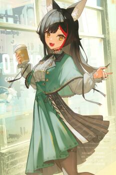 1girl :3 animal_ear_fluff animal_ears bad_tag black_bow black_bowtie black_hair black_pantyhose black_ribbon black_trim blunt_bangs blunt_ends blush bob_cut bow bowtie breasts brown_skirt buttons cafe capelet center_frills coffee collared_shirt cowboy_shot cross cross-laced_clothes cup disposable_coffee_cup disposable_cup double-parted_bangs dress_shirt frilled_shirt frills green_capelet green_skirt grey_shirt hands_up highres holding holding_cup hololive leg_up long_hair long_skirt long_sleeves looking_at_viewer medium_breasts multicolored_hair official_alternate_hairstyle ookami_mio ookami_mio_(8th_costume) open_mouth outdoors pantyhose plaid_clothes plaid_skirt puffy_long_sleeves puffy_sleeves red_hair red_streaks ribbon shanghai_neckline shirt shirt_tucked_in skirt smile solo streaked_hair sunlight two-tone_skirt virtual_youtuber watermark window wolf_ears wolf_girl xyunx yellow_eyes