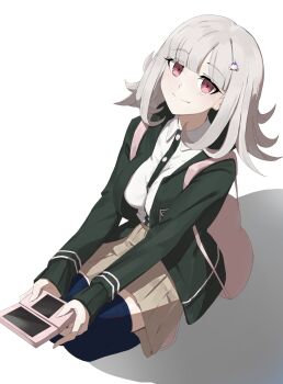 1girl black_shirt breasts brown_hair collared_shirt danganronpa_(series) danganronpa_2:_goodbye_despair dress_shirt flipped_hair hair_ornament handheld_game_console highres holding holding_handheld_game_console hood jacket large_breasts long_sleeves looking_at_viewer medium_hair nanami_chiaki no_ribbon open_clothes open_jacket pink_eyes pink_shoes pleated_skirt shirt shoes skirt smile solo squatting thighhighs tsukinaga white_shirt