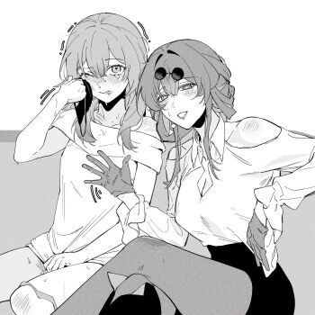 2girls after_cunnilingus after_fingering blush closed_mouth clothing_cutout collared_shirt commentary_request d0600059994959 greyscale hand_up highres holding holding_panties holding_underwear holding_unworn_clothes honkai:_star_rail honkai_(series) kafka_(honkai:_star_rail) korean_commentary lipstick_mark lipstick_mark_on_face lipstick_mark_on_leg long_hair monochrome multiple_girls off-shoulder_shirt off_shoulder open_mouth panties panties_around_leg pantyhose pussy_juice pussy_juice_stain shirt shoulder_cutout sitting smile stelle_(honkai:_star_rail) sunglasses tears trailblazer_(honkai:_star_rail) trembling underwear wiping_face yuri