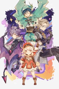 Rule 34 | 1girl, 3boys, albedo (genshin impact), arm up, black boots, black hair, black horns, blonde hair, blue eyes, blue hair, boots, bow, brown boots, brown hair, cape, commentary request, dodoco (genshin impact), dragon horns, dragon tail, dragon wings, genshin impact, gloves, green hat, hat, highres, hood, hood down, horns, index finger raised, klee (genshin impact), long sleeves, low twintails, mini durin (genshin impact), mini durin (human) (genshin impact), multiple boys, one eye closed, pointy ears, purple hair, red eyes, red hat, short sleeves, shorts, smile, standing, tail, twintails, venti (genshin impact), wings, zuu (kyuudo9)