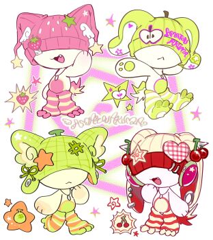 4others amatou_akuma animal_hat apple_hair_ornament beanie cherry_hair_ornament chibi chibi_only chibikemo covered_eyes food-themed_hair_ornament food-themed_hat furry green_hat hair_ornament hat highres multiple_others open_mouth original other_focus pawpads pink_hat rabbit_hat socks star_(symbol) star_hair_ornament strawberry_hair_ornament striped_clothes striped_socks white_background white_hat wing_collar
