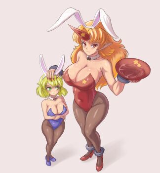 2girls alcohol alternate_costume animal_ears arms_under_breasts black_bow black_bowtie blonde_hair blue_leotard blue_shoes blush bow bowtie breast_envy breasts brown_pantyhose closed_mouth collar commentary cone_horns covered_navel cup detached_collar english_commentary fake_animal_ears fingernails frown full_body green_eyes grey_background height_difference high_heels highres holding holding_cup horns hoshiguma_yuugi huge_breasts large_breasts leotard long_hair looking_at_another looking_at_viewer looking_to_the_side mizuhashi_parsee multiple_girls pantyhose parted_bangs playboy_bunny pointy_ears profitshame rabbit_ears red_eyes red_horns red_leotard red_nails red_shoes sakazuki sake sharp_fingernails shoes short_hair simple_background single_horn smile standing star_(symbol) strapless strapless_leotard touhou white_collar