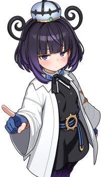 1girl absurdres black_dress black_hair blue_gloves blush breasts closed_mouth commentary_request dress gloves gwynn_(pokemon) highres jacket long_sleeves looking_at_viewer nintendo pointing pointing_at_viewer pokemon pokemon_legends:_z-a purple_eyes purple_hair shiguren_39 short_hair simple_background small_breasts solo white_background white_jacket
