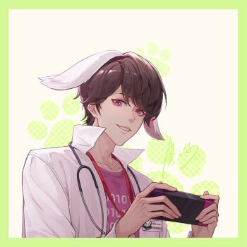 1boy absurdres animal_ears border brown_hair chinese_commentary clenched_teeth coat commentary_request extra_ears green_border handheld_game_console hands_up high_collar highres holding holding_handheld_game_console houjou_emu id_card kamen_rider kamen_rider_ex-aid_(series) lab_coat long_sleeves looking_at_viewer male_focus nannixiyu paw_print pink_eyes rabbit_ears short_hair smile solo stethoscope_around_neck teeth upper_body white_coat