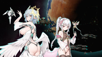 2girls angel_wings ass axolotl_ears axolotl_tail black_panties breasts detached_sleeves drone exoskeleton flower grey_hair hair_flower hair_ornament halo highres large_breasts light_trail lizard_tail long_sleeves low_wings mengyuan_(rimworld) milira_(rimworld) moelotl multiple_girls orange_eyes panties pink_eyes planet pointy_ears ponytail rimworld robot salamander_girl sarong short_hair short_sleeves side-tie_panties sideboob space spacecraft stmast tail thong underwear white_hair white_sarong wings yellow_halo