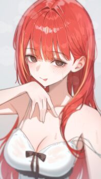 Rule 34 | 1girl, akane lize, black bow, blurry edges, blush, bow, bow camisole, breasts, camisole, cleavage, closed mouth, eyelashes, grey eyes, hand up, hashtag-only commentary, highres, large breasts, long hair, mongtti, multicolored hair, red hair, solo, spaghetti strap, stellive, straight hair, strap slip, streaked hair, sweat, sweaty clothes, tongue, tongue out, upper body, virtual youtuber, white camisole, wispy bangs