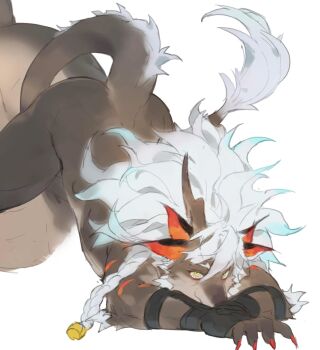 1boy ass black_gloves braid claws closed_mouth commentary completely_nude dislyte extra_ears fingerless_gloves furry furry_male gloves grey_tail highres horns looking_at_viewer male_focus nude scar scar_on_arm single_horn smile sui_zai_(beast_nian)_(dislyte) symbol-only_commentary tail white_background yuuko_(yuuko891)