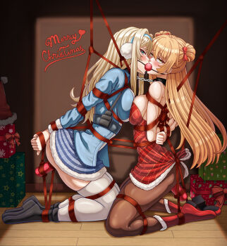 2girls absurdres anal anal_object_insertion arms_behind_back ball_gag bdsm black_pantyhose blonde_hair blue_eyes blue_hairband blue_jacket bondage bound bound_together bow box breast_bondage commentary_request drooling earmuffs face-to-face fur-trimmed_skirt fur_trim gag gift gift_box girls'_frontline girls'_frontline_2:_exilium green_eyes hairband hat heart highres indoors jacket linked_gag long_hair looking_at_viewer multiple_girls object_insertion official_alternate_costume pantyhose red_bow restrained rfb_(girls'_frontline) rfb_(how_rfb_stole_xmas)_(girls'_frontline) rope saikunartworks santa_hat sex_toy shibari shibari_over_clothes skindentation skirt suomi_(girls'_frontline) thighhighs vibrator vibrator_in_anus white_thighhighs