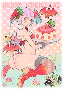 1girl ass bat_(animal) bat_wings blush boots bow bowtie breasts cake capcom collar covered_erect_nipples darkstalkers demon_girl demon_wings detached_collar doll dot_nose eyebrows_hidden_by_hair eyelashes female_focus fishnet_thighhighs fishnets food from_behind full_body green_eyes green_hair head_wings high_heel_boots high_heels huge_ass lilith_(darkstalkers) looking_at_viewer looking_back matching_hair/eyes morrigan_aensland multicolored_boots open_mouth panties petite pink_eyes pink_hair red_boots red_bow red_bowtie red_panties red_thighhighs red_tube_top short_hair simple_background sitting small_breasts solo strapless thighhighs thong tube_top twisted_torso two-tone_boots underwear wariza white_collar wings y.o_(chuchu) yellow_boots