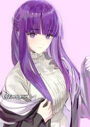 Rule 34 | 1girl, artist name, blunt bangs, closed mouth, commentary, dress, eyelashes, fern (sousou no frieren), gearous, highres, light smile, long hair, long sleeves, looking at viewer, off shoulder, purple eyes, purple hair, sidelocks, solo, sousou no frieren, straight hair, upper body, white dress