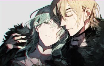 1boy 1girl blonde_hair breasts commentary_request couple dimitri_alexandre_blaiddyd dimitri_alexandre_blaiddyd_(timeskip) eyepatch female_byleth_(awakened)_(fire_emblem) female_byleth_(fire_emblem) fire_emblem fire_emblem:_three_houses fur_trim green_eyes green_hair hair_between_eyes long_hair medium_breasts nintendo rata_to simple_background smile white_background