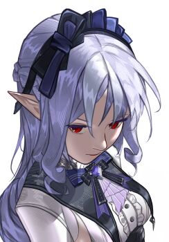 Rule 34 | 1girl, absurdres, ascot, bow, bowtie, breast curtains, breasts, center frills, closed mouth, commentary request, drill hair, drill sidelocks, frills, gem, hairband, highres, long hair, medium breasts, octopuss, pointy ears, portrait, purple ascot, purple bow, purple bowtie, purple gemstone, purple hair, purple hairband, red eyes, shrug (clothing), sideboob cutout, sidelocks, simple background, solo, vivian banshee, white background, white shrug, zenless zone zero