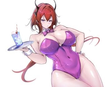 1girl alternate_costume arknights bare_shoulders blush bow bowtie breasts cameltoe cleavage collar covered_navel cowboy_shot demon_girl demon_horns detached_collar drinking_straw glasses hair_between_eyes hair_intakes highleg highleg_leotard highres holding holding_tray horns large_breasts leotard long_hair looking_at_viewer parted_lips playboy_bunny poni_(poni_arknights) purple_eyes purple_leotard red_hair simple_background solo standing strapless strapless_leotard surtr_(arknights) thighs tray white_background white_collar white_wrist_cuffs wrist_cuffs