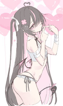 1girl ahoge balloon bandaged_arm bandages black_hair breasts closed_mouth colored_inner_hair commentary_request cowboy_shot cropped_shirt demon_girl demon_tail demon_wings frilled_panties frills from_side hair_ornament hair_over_one_eye hands_up heart heart_ahoge heart_balloon highres long_hair looking_at_viewer multicolored_hair one_eye_covered original panties parted_bangs pink_hair pink_streaks shirt sketch sleeveless sleeveless_shirt small_breasts solo streaked_hair tail two-tone_hair underwear very_long_hair white_panties white_shirt wings x_hair_ornament yu_o015
