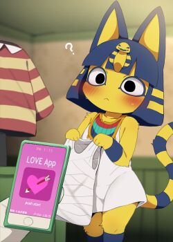 1boy 1girl ? animal_crossing animal_ears ankha_(animal_crossing) blue_hair blurry blurry_background body_fur cat_ears cat_girl cat_tail cellphone character_request commentary_request dagasi dress furry furry_female highres holding holding_phone holding_unworn_clothes nintendo phone short_hair solo_focus tail white_dress yellow_fur