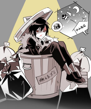 1boy :/ absurdres black_jacket black_pants black_shoes blood blood_on_face crescent_moon dot_nose durarara!! eromkk fur-trimmed_collar fur-trimmed_sleeves fur_trim hand_on_own_chin highres jacket looking_to_the_side male_focus moon nosebleed orihara_izaya palmar_flexion pants red_eyes shoes sideways_glance speech_bubble spoken_squiggle squiggle star_(symbol) translation_request trash_bag trash_can