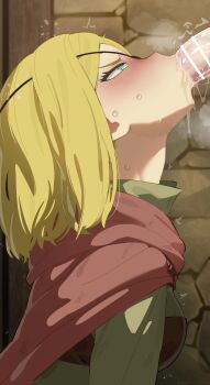 1boy 1girl absurdres alicia_glenfall aqua_eyes bar_censor blonde_hair blush breasts cape censored clevatess:_majuu_no_ou_to_akago_to_shikabane_no_yuusha fellatio green_shirt hetero highres long_sleeves medium_breasts mizumizuni oral red_cape shirt short_hair solo_focus sweat tears