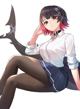 1girl absurdres aliasing ash81 black_choker black_hair black_pantyhose black_skirt breasts choker closed_mouth crossed_legs ellen_joe ellen_joe_(on_campus) feet_out_of_frame fins fish_tail hair_ornament highres large_breasts long_sleeves pantyhose red_eyes red_hair shark_girl shark_tail shirt simple_background sitting skirt solo tail white_background white_shirt zenless_zone_zero