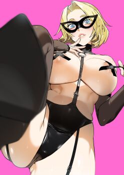 1girl areola_slip bdsm black_garter_straps black_gloves black_leotard black_mask black_shoes black_thighhighs blonde_hair blue_eyes blurry blush breasts commentary commission cross cross_pasties curtained_hair depth_of_field domino_mask elbow_gloves eye_mask finger_to_mouth fingerless_gloves foot_out_of_frame from_below garter_straps gloves hand_to_own_mouth high_heels highres large_breasts leotard lips looking_at_viewer mask o-ring original parted_bangs parted_lips pasties pasty_peel pink_background pov shishamo_712 shoes short_hair simple_background skeb_commission smile solo standing thick_eyebrows thighhighs
