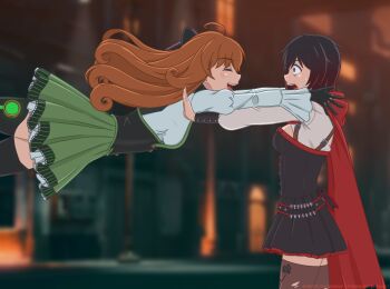 ahoge black_dress black_gloves black_hair blurry blush breasts brown_hair brown_thighhighs cloak commentary curly_hair depth_of_field dress english_commentary floral_print gardavwar glomp gloves green_skirt hood hood_down hug juliet_sleeves long_hair long_sleeves looking_at_another medium_breasts miniskirt multicolored_hair multiple_girls penny_polendina puffy_sleeves red_cloak red_hair rooster_teeth rose_print ruby_rose rwby shirt skirt streaked_hair sweatdrop thighhighs watermark web_address white_shirt zettai_ryouiki