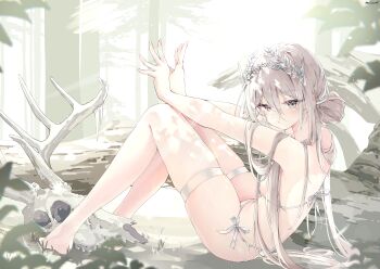 1girl absurdres ahoge animal_skull barefoot bikini blush breasts commentary double-parted_bangs english_commentary eyebrows_hidden_by_hair fingernails forest grey_eyes hair_between_eyes highres inubouzaki_(i_nu1515) knees_up leaf log long_hair looking_at_viewer nature navel on_ground original outdoors rock shadow side-tie_bikini_bottom sideboob single_hair_intake skindentation small_breasts solo sunlight swimsuit thigh_strap thighs tree white_bikini white_hair white_headdress