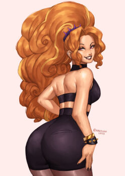 Rule 34 | adagio dazzle, ass, bare shoulders, black choker, black nails, blonde hair, bracelet, choker, ear piercing, gold bracelet, hairband, hand on own hip, highres, huge ass, jewelry, looking back, my little pony, my little pony: equestria girls, my little pony: friendship is magic, nire (nirefuster), pantyhose, piercing, pink eyes, skin tight, smile, spiked bracelet, spiked hairband, spikes
