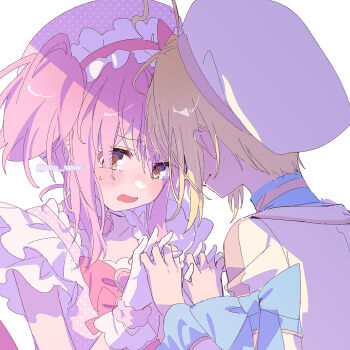 1boy 1girl @_@ alternate_costume antenna_hair beret blonde_hair blue_bow blue_shirt blush bow bowtie brooch choker dot_nose eyelashes face-to-face flustered frilled_hairband frilled_shirt frilled_sleeves frills from_behind fur_cuffs gloves hair_bow hairband hat heads_together heart heart_antenna_hair heart_brooch hetero hinamori_amu hotori_tadase jacket jewelry lolita_hairband long_sleeves open_mouth pink_bow pink_bowtie pink_choker pink_hair pink_hairband pink_hat pink_vest pink_wrist_cuffs polka_dot_headwear polka_dot_vest serizawa_serizane shirt short_hair short_hair_with_long_locks short_sleeves short_twintails shugo_chara! simple_background sleeve_bow sweatdrop turtleneck turtleneck_shirt twintails twitter_username unmoving_pattern upper_body vest wavy_mouth white_background white_gloves white_hat white_jacket white_shirt wrist_bow wrist_cuffs yellow_eyes