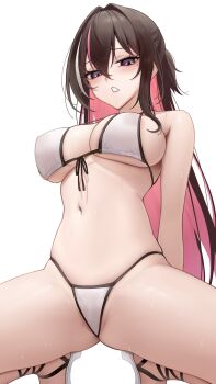 Rule 34 | 1girl, absurdres, areola slip, azki (hololive), bikini, black hair, breasts, cleavage, colored inner hair, double-parted bangs, front-tie bikini top, front-tie top, hair intakes, half updo, halterneck, highres, hololive, large breasts, long hair, looking at viewer, mole, mole on thigh, mole under eye, multicolored hair, partially visible vulva, pink hair, pink streaks, ponytail, purple eyes, short ponytail, side-tie bikini bottom, simple background, solo, somebody (leiking00), squatting, stomach, string bikini, swimsuit, very long hair, virtual youtuber, white background, white bikini, white streaks
