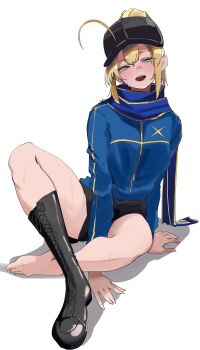 1girl absurdres ahoge artoria_pendragon_(fate) baseball_cap black_boots black_hat black_shorts blonde_hair blue_jacket blue_scarf blush boots breasts commentary_request fate/grand_order fate_(series) green_eyes hair_between_eyes hat highres jacket knee_boots long_hair long_sleeves looking_at_viewer medium_breasts mysterious_heroine_x_(fate) open_mouth ponytail s4ika scarf short_shorts shorts sidelocks smile solo thighs