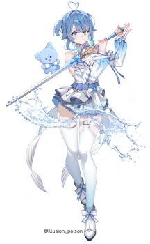 1girl ahoge aqua_hair bare_shoulders blue_bow blue_bowtie blue_dress blue_eyes blue_hair blue_sleeves blue_thighhighs boots bow bowtie breasts cleavage closed_mouth colored_inner_hair commentary detached_sleeves dress frilled_dress frills full_body gradient_clothes gradient_dress gradient_sleeves gradient_thighhighs hair_between_eyes hair_ornament heart heart_ahoge highres holding holding_sword holding_weapon hwansang_jungdog layered_dress light_smile long_hair looking_at_viewer multicolored_bow multicolored_bowtie multicolored_dress multicolored_hair original short_dress sidelocks sleeveless sleeveless_dress solo standing sword thigh_strap thighhighs thighs twitter_username two-tone_bow two-tone_bowtie two-tone_hair water weapon white_boots white_bow white_bowtie white_dress white_sleeves white_thighhighs