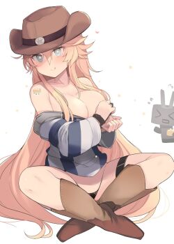 >_< 1girl :q beans black_panties blonde_hair blue_eyes boots breasts brown_boots brown_hat cleavage commentary_request convenient_hair cowboy_boots cowboy_hat flying_sweatdrops hat heart highleg highleg_panties highres holding iowa_(kancolle) iowa_(setsubun)_(kancolle) kantai_collection large_breasts long_hair looking_at_viewer off_shoulder panties rensouhou-chan setsubun shin_(new) shirt simple_background sitting solo star-shaped_pupils star_(symbol) striped_clothes striped_shirt symbol-shaped_pupils thigh_strap tongue tongue_out underwear very_long_hair white_background yellow_pupils