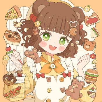 1girl :d apron bear_hair_ornament blunt_bangs blunt_ends blush_stickers border bow bowtie bread bread_slice brown_hair burger commentary_request croissant_hair_ornament cupcake eeppa flower food green_eyes grid_background hair_ornament hands_up highres hot_dog long_sleeves looking_at_viewer open_mouth orange_border orange_bow orange_bowtie original outside_border red_flower red_tulip sandwich shirt short_hair smile solo toast tulip upper_body watermark white_apron white_background yellow_flower yellow_shirt