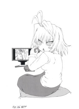 1girl ahoge arcueid_brunestud blush_stickers brpfox chibi controller game_console game_controller holding holding_controller holding_game_controller looking_at_viewer melty_blood monitor monochrome mystic_eyes_of_enchantment pillow playing_games red_arcueid short_hair sitting sitting_on_pillow tsukihime wavy_hair