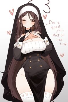 1girl ;3 ahoge black_dress black_veil blush breasts brown_eyes brown_hair cleavage closed_mouth commentary dress english_commentary english_text gradient_background groin heart heart_ahoge highres indie_virtual_youtuber large_breasts long_hair long_sleeves looking_to_the_side nun one_eye_closed side_slit sky_above_me sky_above_me_(vtuber) smile solo thighhighs thighs veil virtual_youtuber white_background white_thighhighs white_wrist_cuffs wrist_cuffs