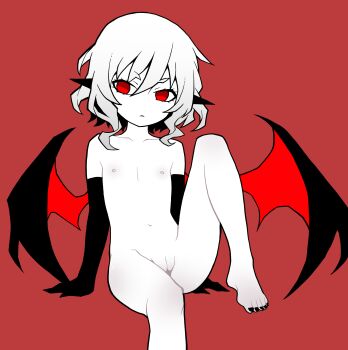 1girl akableak black_nails cleft_of_venus closed_mouth collarbone colored_skin demon_wings elbow_gloves expressionless flat_chest gloves groin highres loli looking_at_viewer nail_polish navel nipples nude pointy_ears pussy red_background red_eyes remilia_scarlet short_hair simple_background sitting slit_pupils solo stomach toenail_polish toenails touhou uncensored v-shaped_eyebrows white_hair white_skin wings