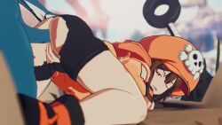 1boy 1girl 3d anal anchor animated blue_skin brown_hair clothed_female_nude_male colored_skin guilty_gear guilty_gear_strive happy_chaos hat hetero interior looping_animation may_(guilty_gear) nude pants rouge_nine sex sex_from_behind skull_and_crossbones tagme torn_clothes torn_pants video