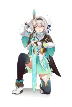 Rule 34 | 1girl, ailushin, aqua thighhighs, black hairband, blush, bridal gauntlets, closed eyes, commentary, devil may cry (series), devil may cry 5, english commentary, firefly (honkai: star rail), grey hair, hair intakes, hairband, highres, holding, holding sword, holding weapon, honkai: star rail, honkai (series), jacket, long hair, looking at viewer, neckerchief, on one knee, orange neckerchief, pose imitation, single bridal gauntlet, smile, solo, sword, thighhighs, vergil (devil may cry), weapon