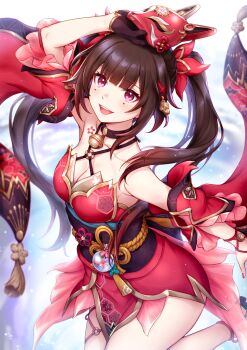 1girl arm_up bare_shoulders bell black_choker breasts brown_hair chest_tattoo choker cleavage commentary_request criss-cross_halter detached_sleeves dress floating_clothes flower_tattoo fox_mask gloves halterneck highres holding holding_mask honkai:_star_rail honkai_(series) ktkt07070 long_hair looking_at_viewer mark_under_both_eyes mask medium_breasts neck_bell o-ring obi obiage obijime open_mouth pink_eyes red_dress sash single_glove smile solo sparkle_(honkai:_star_rail) standing standing_on_one_leg tattoo teeth twintails unworn_mask upper_body upper_teeth_only very_long_hair