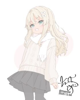 1girl alternate_costume black_pantyhose black_skirt blonde_hair blush bow chame_(myyo04) commentary_request cowboy_shot dated grecale_(kancolle) green_eyes hair_between_eyes hair_bow kantai_collection long_hair looking_at_viewer open_mouth pantyhose scarf signature skirt smile solo sweater white_sweater winter_clothes