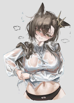 1girl absurdres alternate_costume animal_ears arknights asymmetrical_hair black_panties blush braid braided_ponytail breasts breath brown_hair collared_shirt commentary covered_erect_nipples cowboy_shot cropped_legs dress_shirt flying_sweatdrops furrowed_brow grey_background hair_ornament highres kirihara_aki large_breasts long_hair long_sleeves looking_down mole mole_on_forehead navel nipples panties parted_lips penance_(arknights) see-through_clothes shirt simple_background solo standing stomach underwear wet wet_clothes wet_shirt wing_collar wolf_ears wolf_girl wringing_clothes yellow_eyes