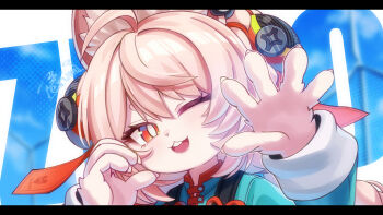 animal_ear_fluff animal_ears animal_hands black_dress blue_shirt braid bright_pupils character_name commentary dress furry furry_female hair_ornament highres long_hair looking_at_viewer one_eye_closed pink_fur rabbit_ears rabbit_girl red_eyes screw shirt sphere_hair_ornament thick_eyebrows twin_braids white_pupils yutori3218 zenless_zone_zero zhao_(zenless_zone_zero)