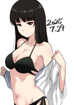 1girl bikini black_bikini black_hair blush breasts brown_eyes buchikaki cleavage collarbone dated girls_und_panzer highres large_breasts long_hair looking_at_viewer navel nishizumi_shiho open_mouth shirt side-tie_bikini_bottom simple_background smile solo swimsuit white_background white_shirt